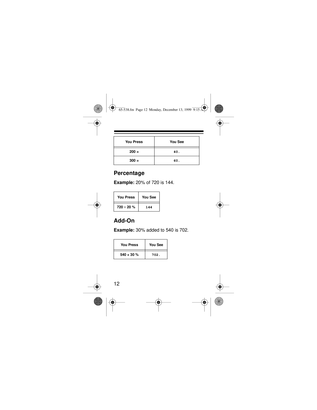 Radio Shack EC-252 owner manual Percentage, Add-On 