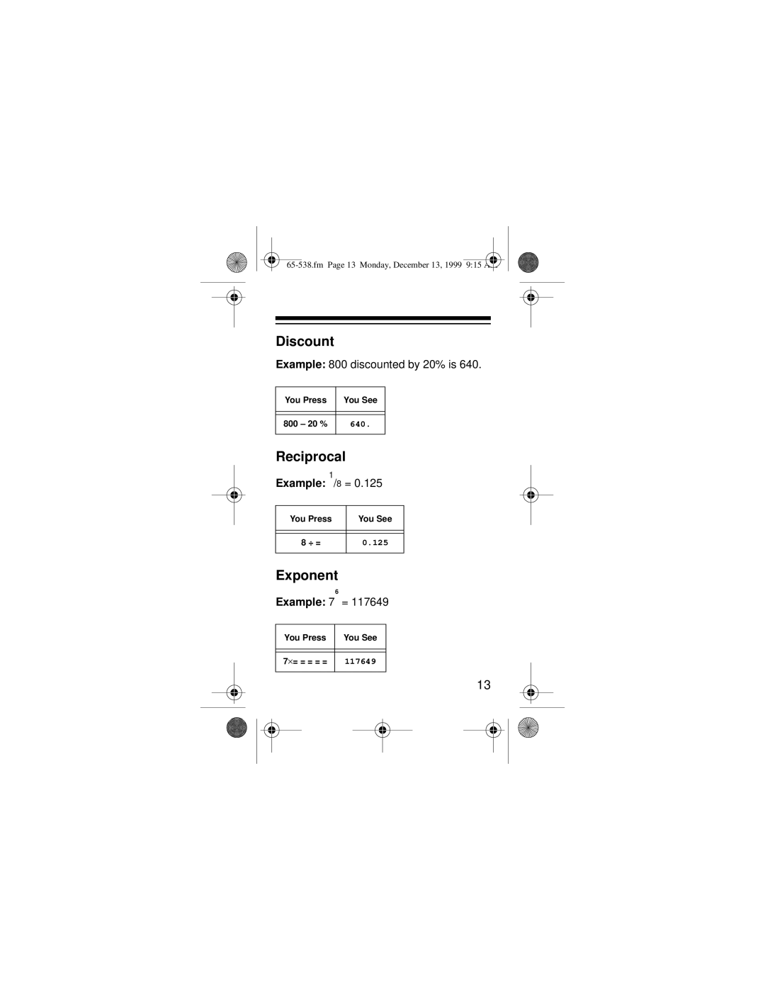 Radio Shack EC-252 owner manual Discount, Reciprocal, Exponent, Example /8 = 