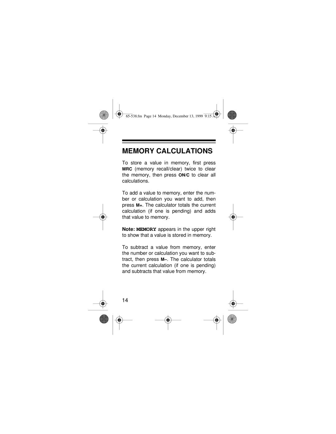 Radio Shack EC-252 owner manual Memory Calculations 