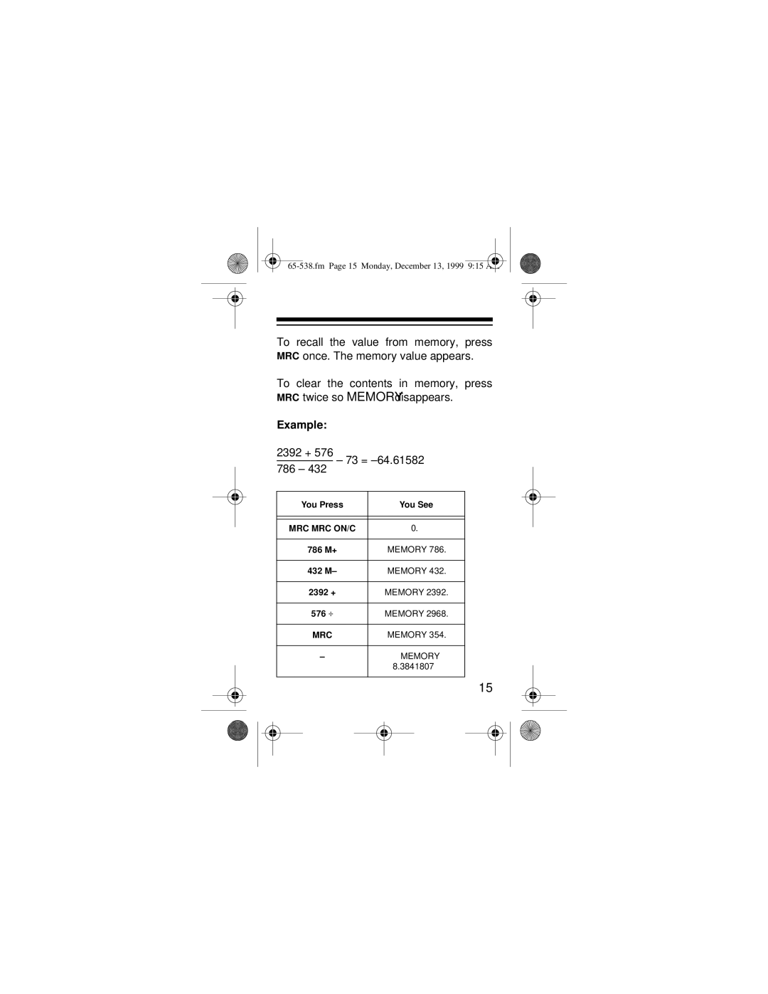 Radio Shack EC-252 owner manual Example, 2392 + 73 = -64.61582 786 