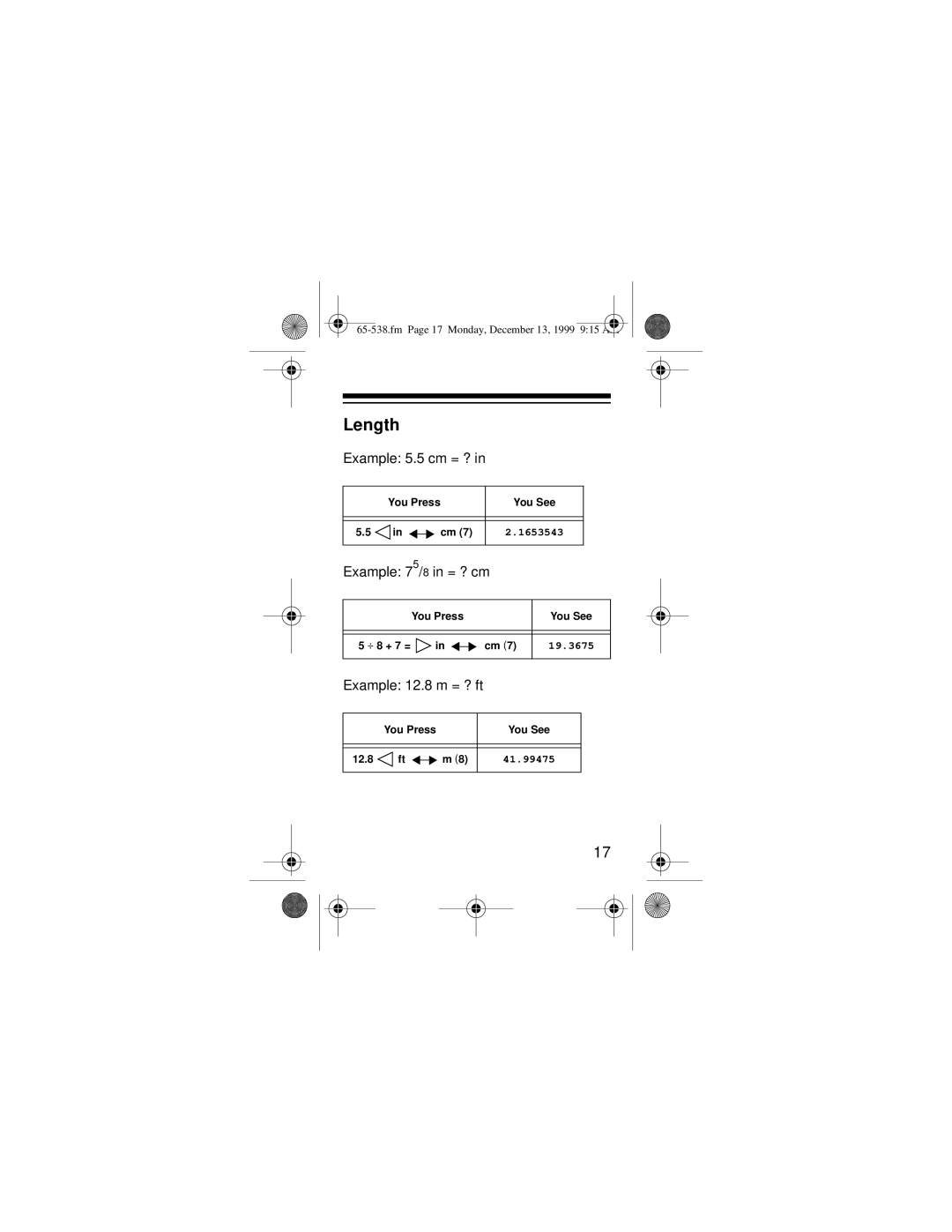 Radio Shack EC-252 owner manual Length, Example 75/8 in = ? cm, Example 12.8 m = ? ft 