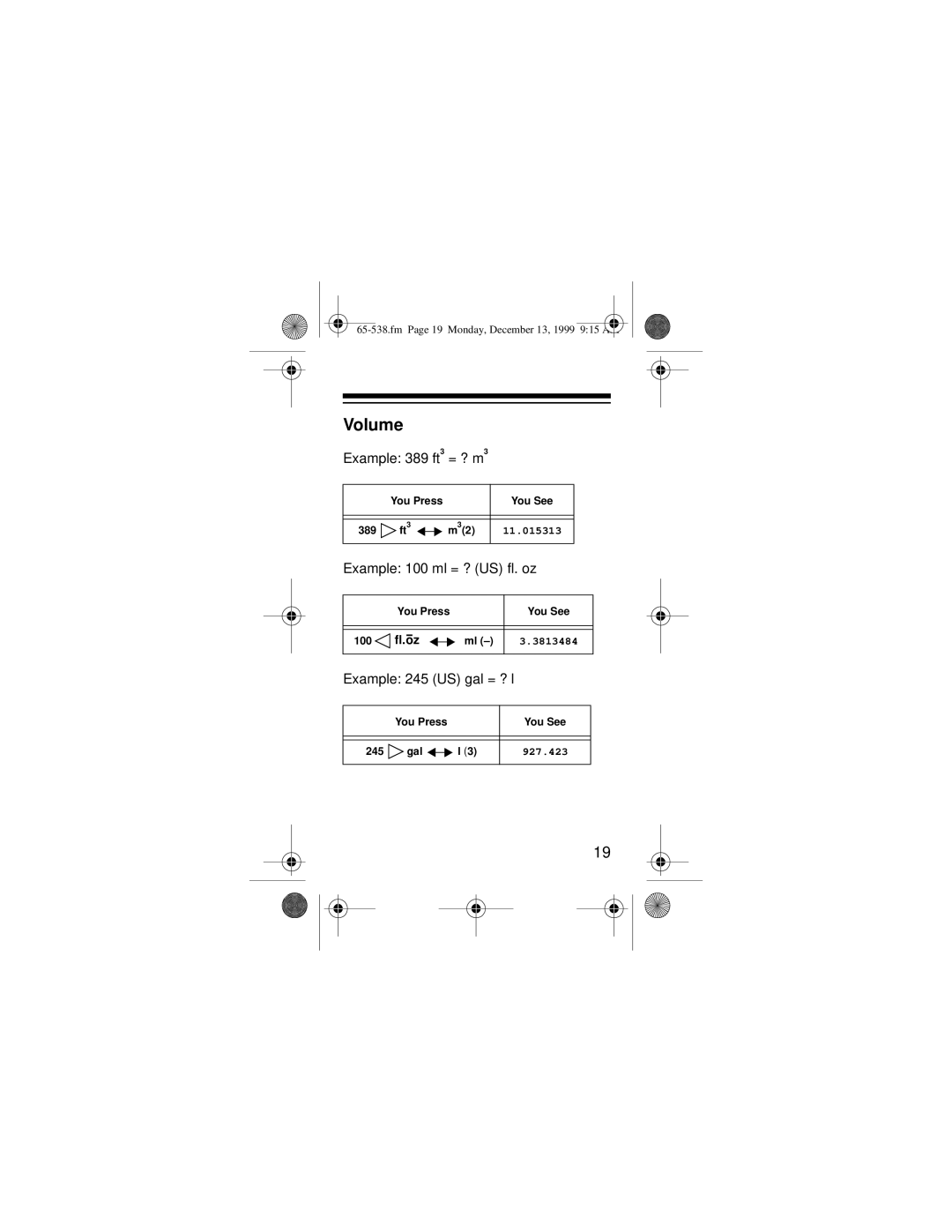 Radio Shack EC-252 owner manual Volume, Example 100 ml = ? US fl. oz, Example 245 US gal = ? l 