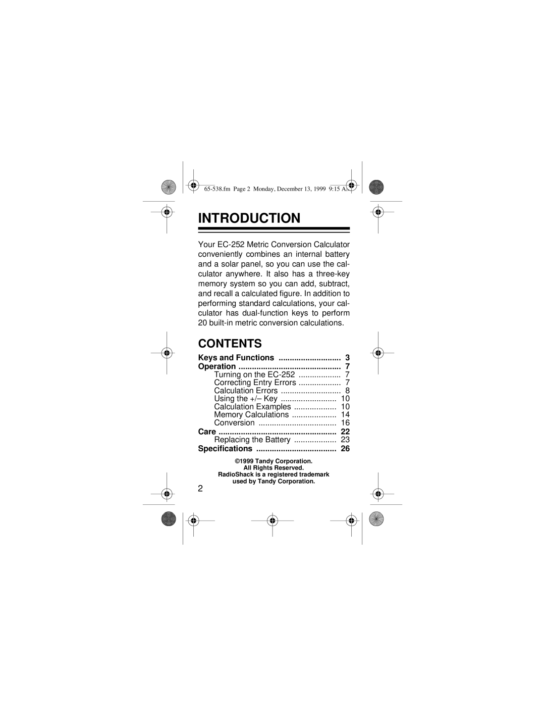 Radio Shack EC-252 owner manual Introduction, Contents 