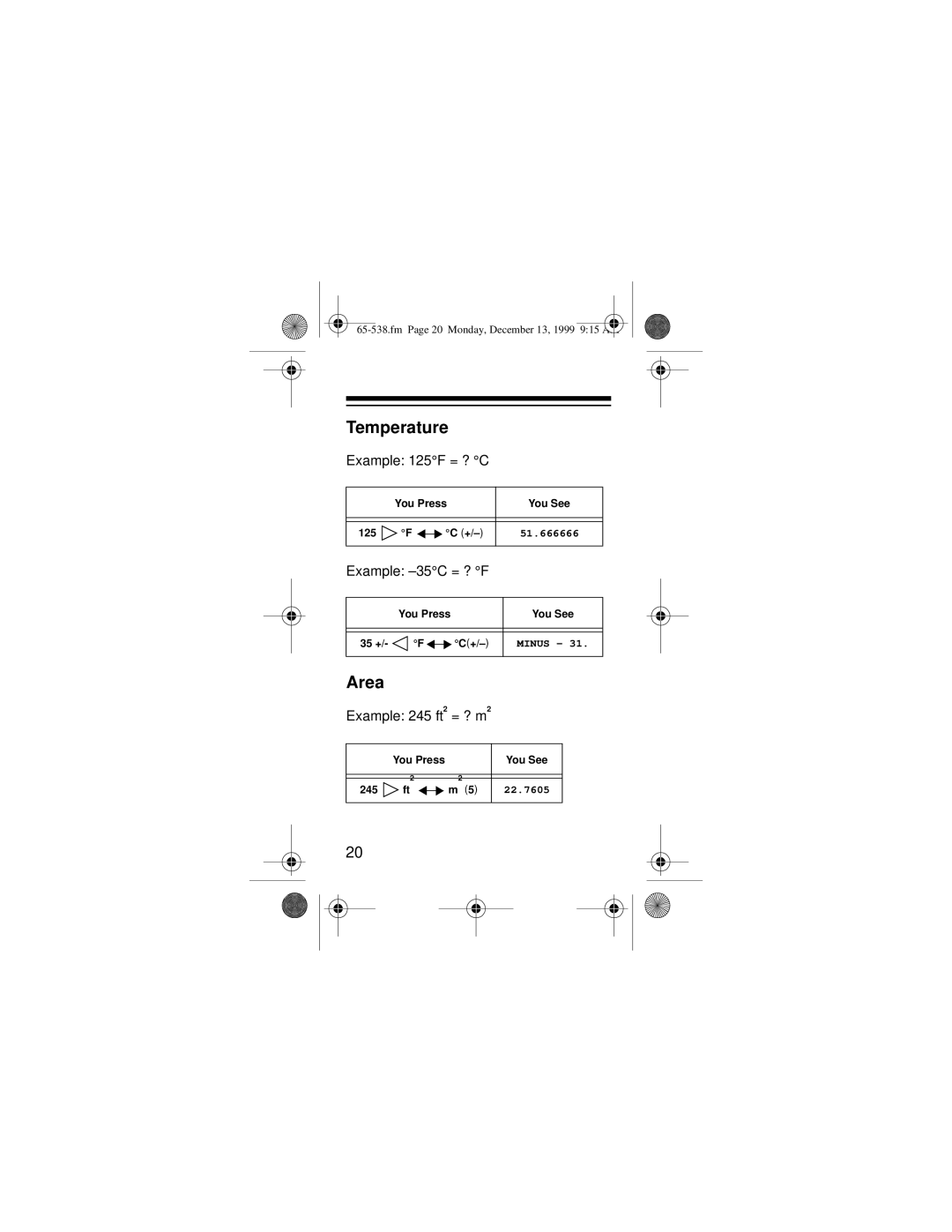 Radio Shack EC-252 owner manual Temperature, Area, Example -35C = ? F 