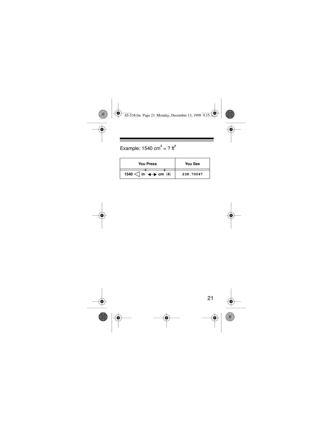 Radio Shack EC-252 owner manual Example 1540 cm2 = ? ft2 