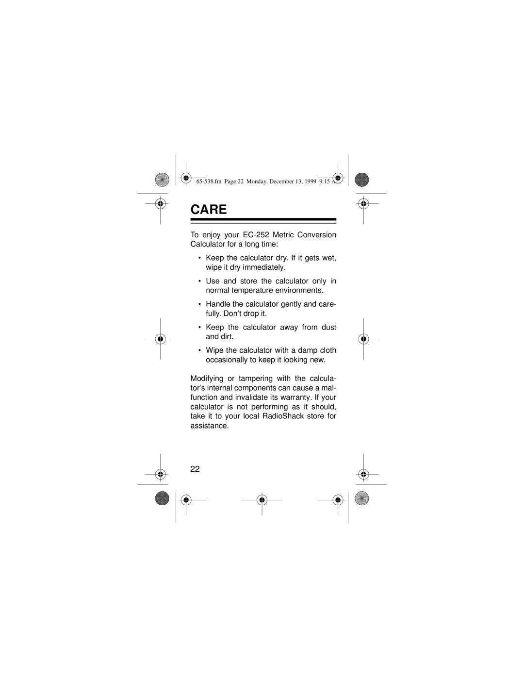 Radio Shack EC-252 owner manual Care 