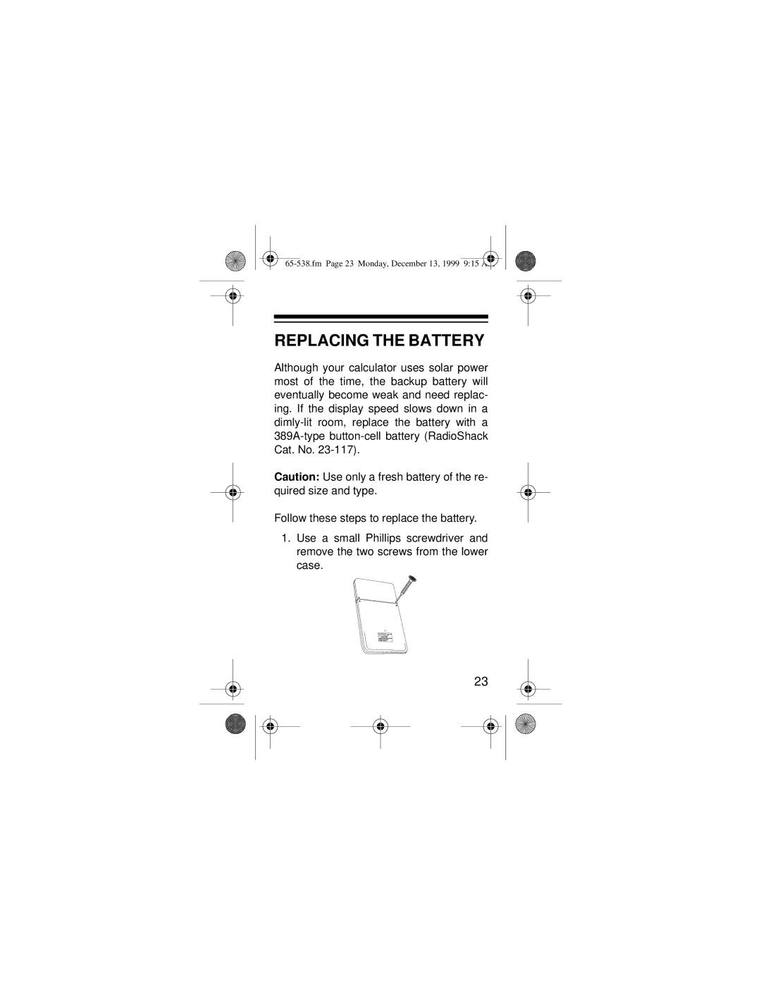 Radio Shack EC-252 owner manual Replacing the Battery 