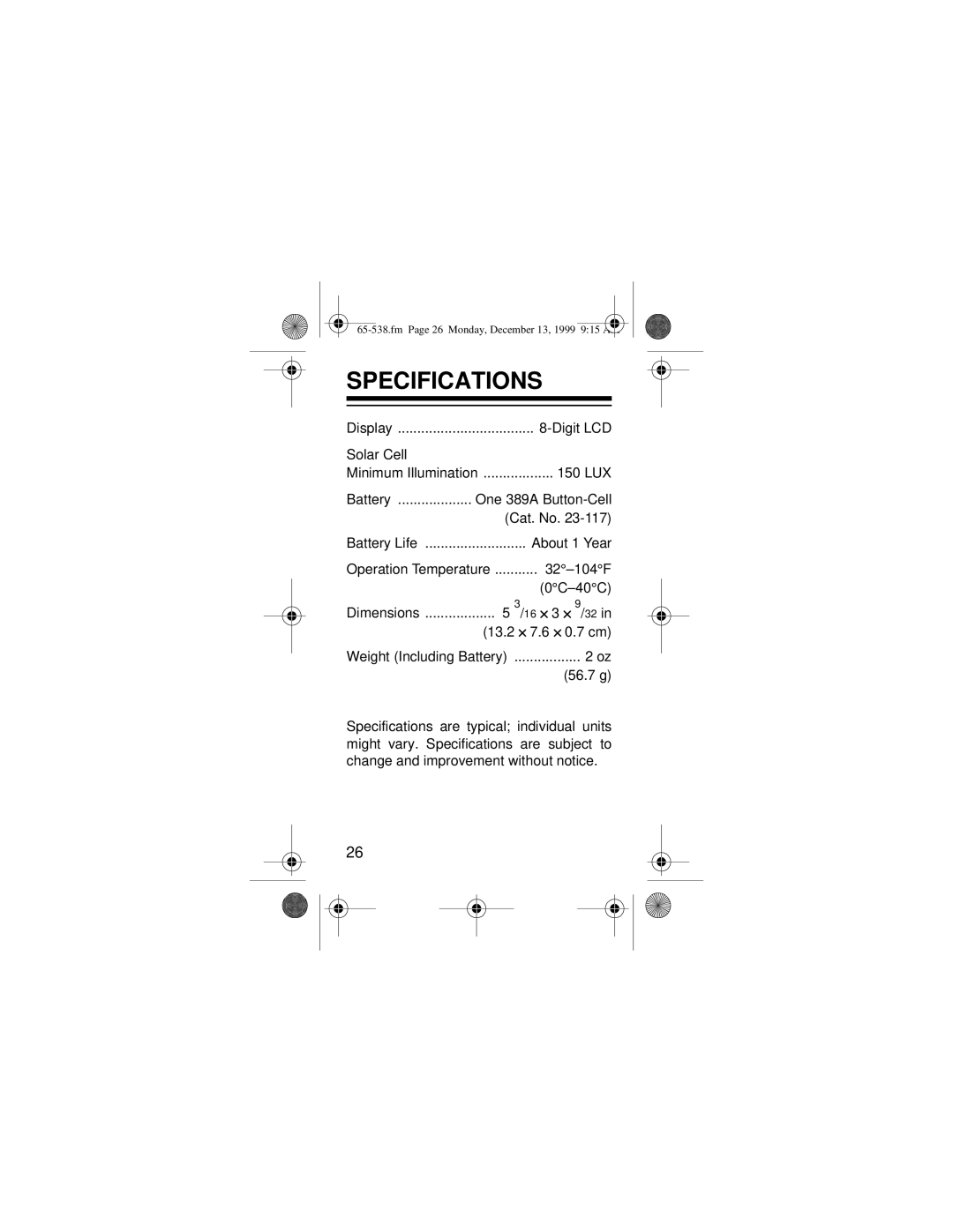 Radio Shack EC-252 owner manual Specifications 