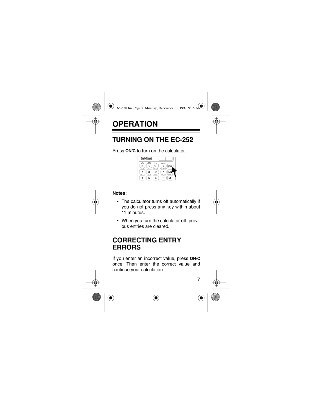 Radio Shack owner manual Operation, Turning on the EC-252, Correcting Entry Errors 