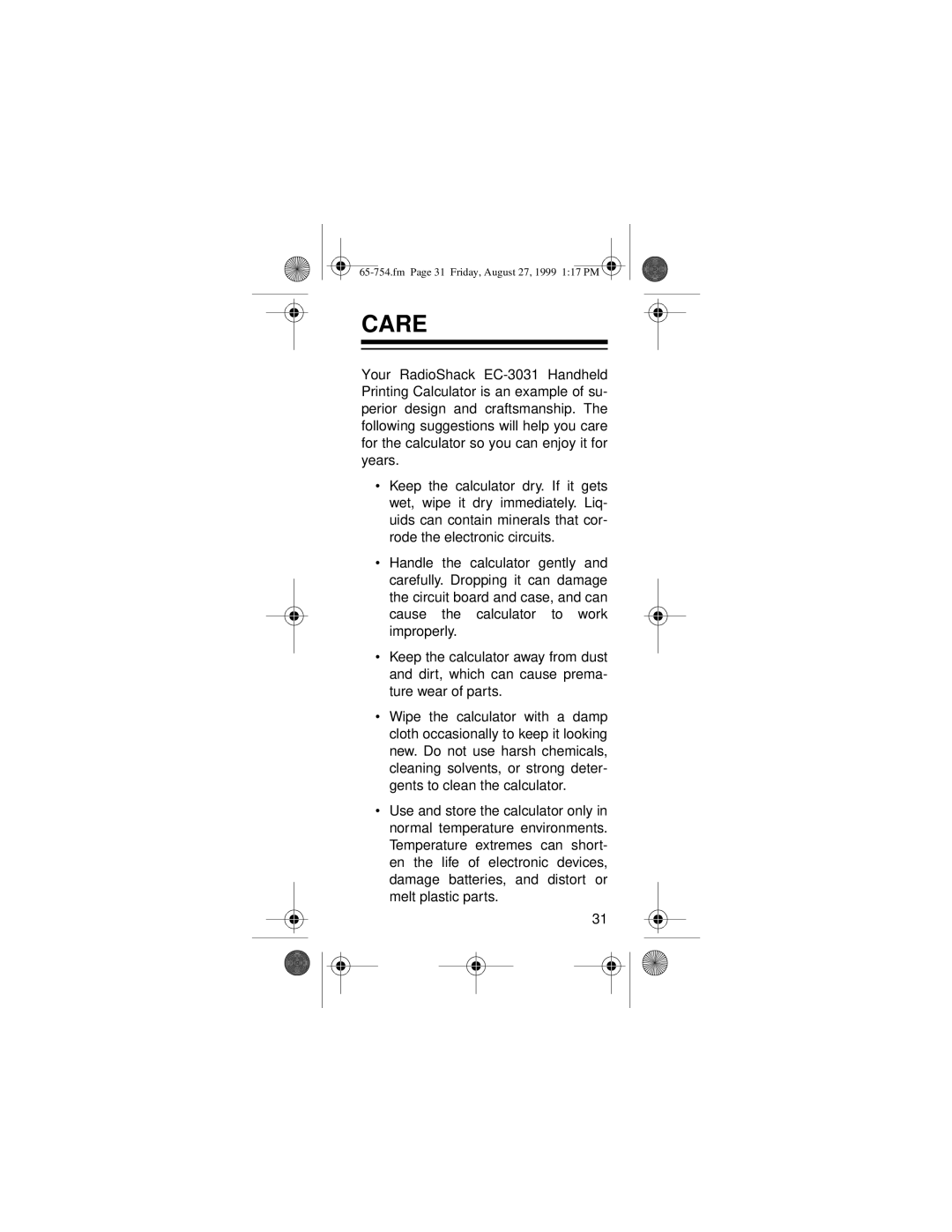 Radio Shack EC-3031 owner manual Care 