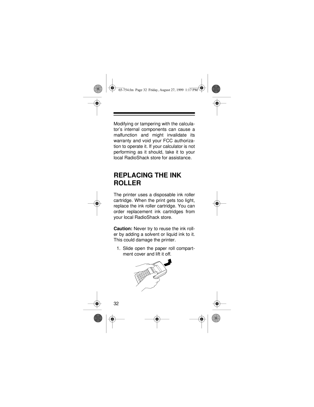 Radio Shack EC-3031 owner manual Replacing the INK Roller 