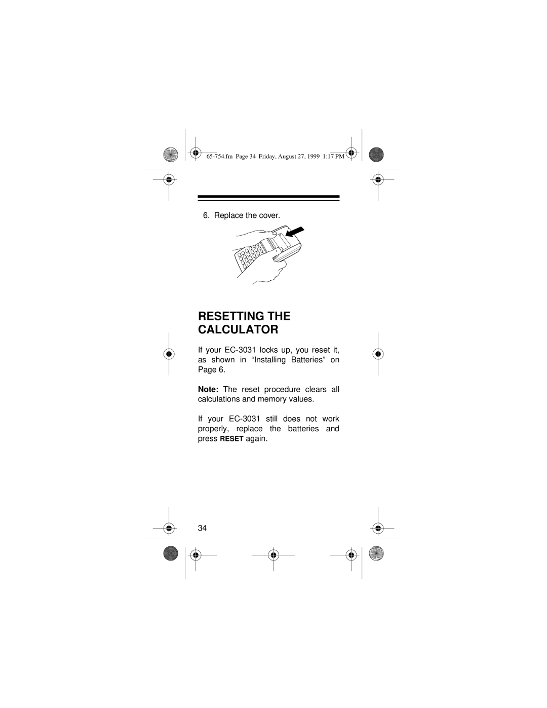 Radio Shack EC-3031 owner manual Resetting Calculator 