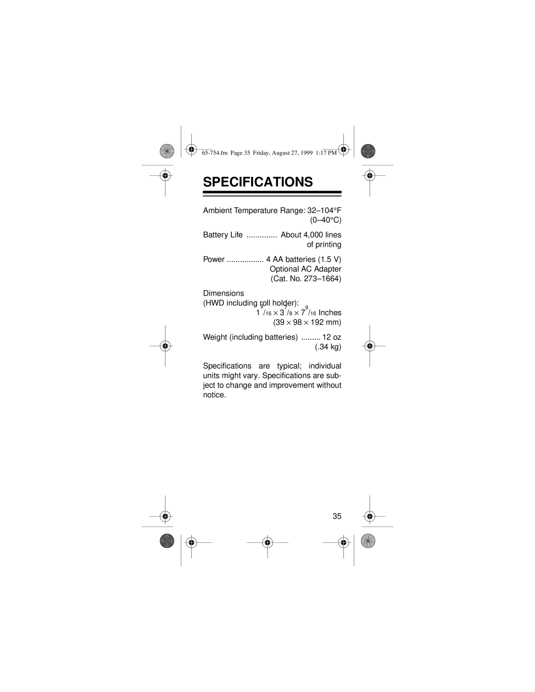 Radio Shack EC-3031 owner manual Specifications 