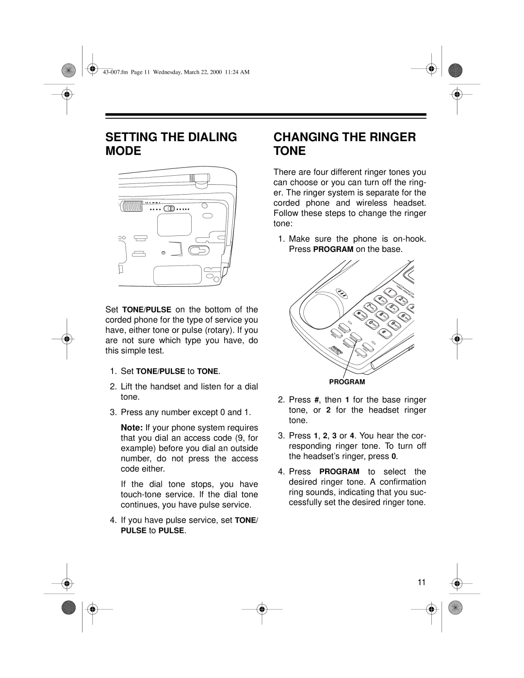 Radio Shack ET-007 owner manual Setting the Dialing Changing the Ringer Mode Tone 