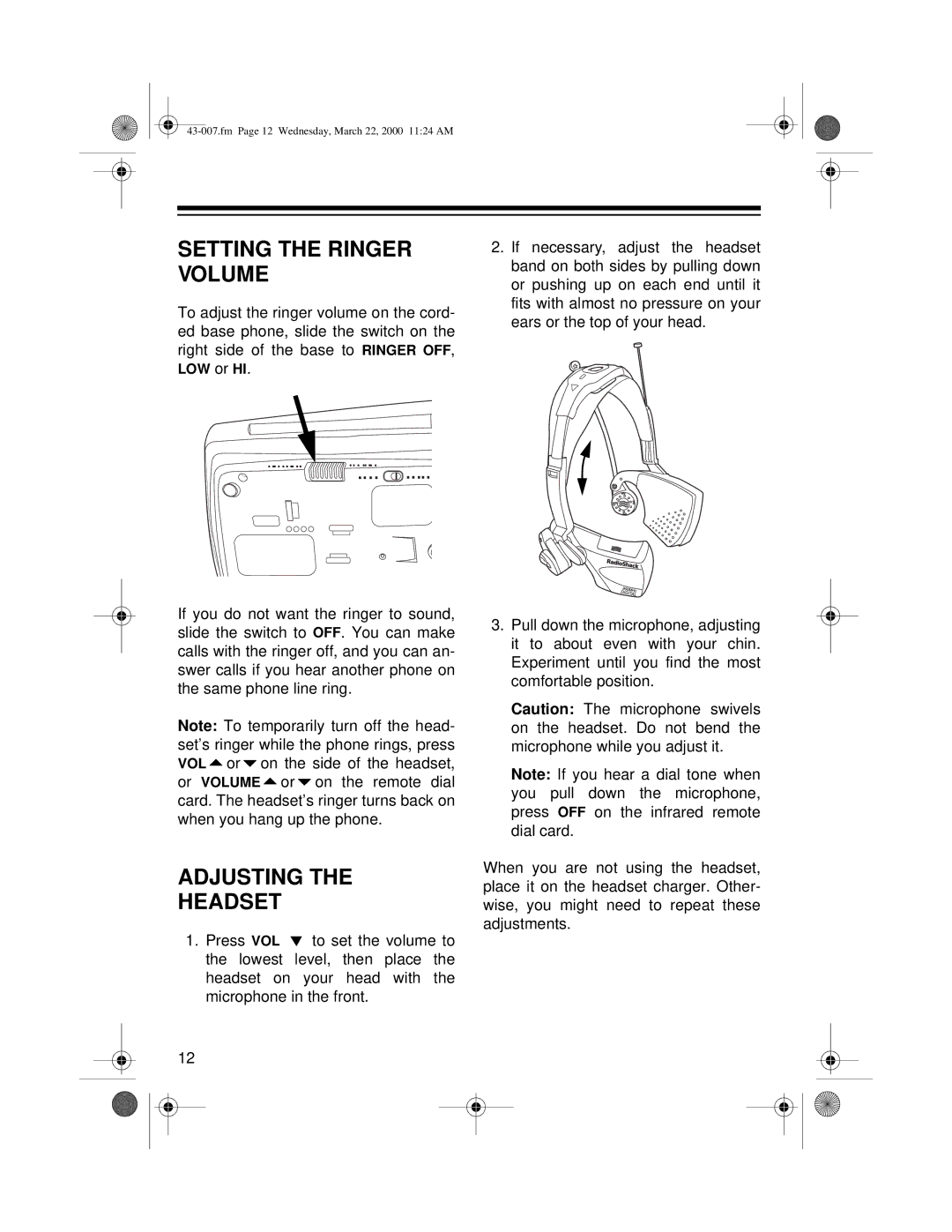 Radio Shack ET-007 owner manual Setting the Ringer Volume, Adjusting Headset 