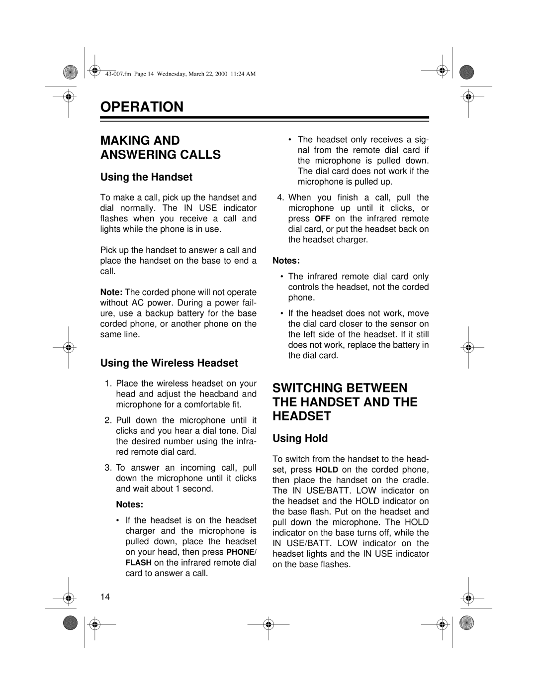 Radio Shack ET-007 owner manual Operation, Making and Answering Calls, Switching Between the Handset and the Headset 