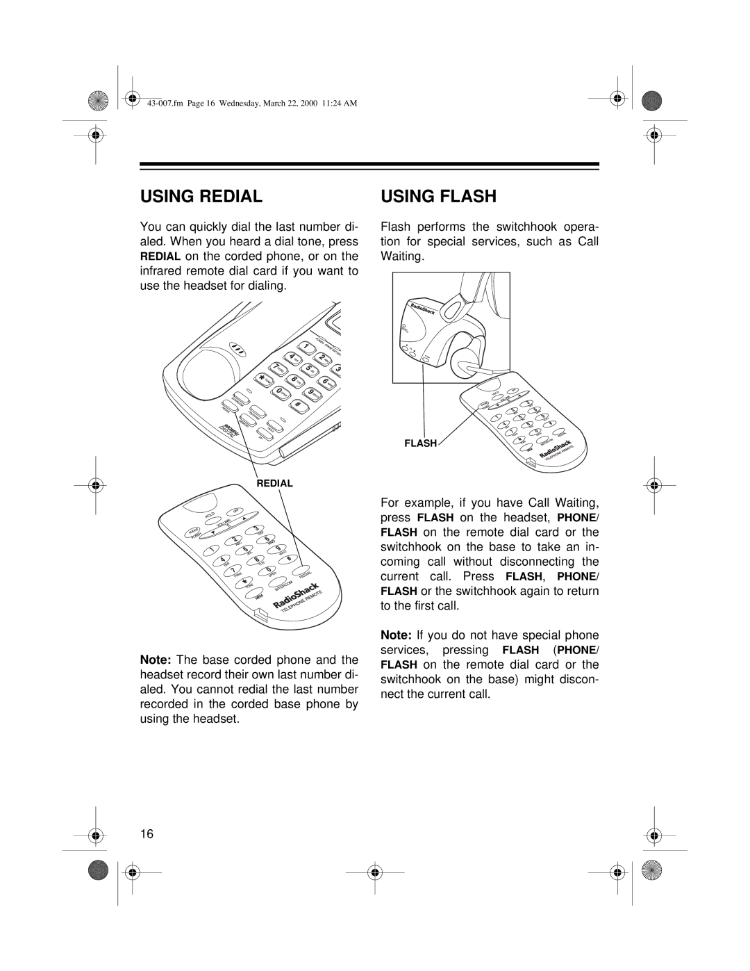 Radio Shack ET-007 owner manual Using Redial, Using Flash 