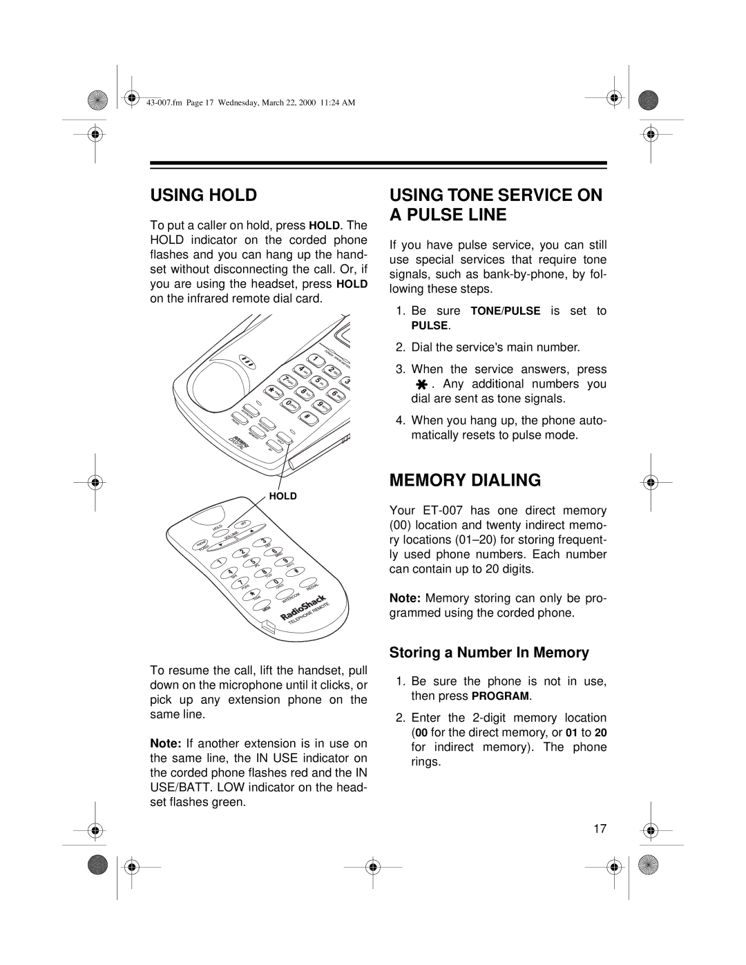 Radio Shack ET-007 owner manual Using Hold, Using Tone Service on a Pulse Line, Memory Dialing, Storing a Number In Memory 