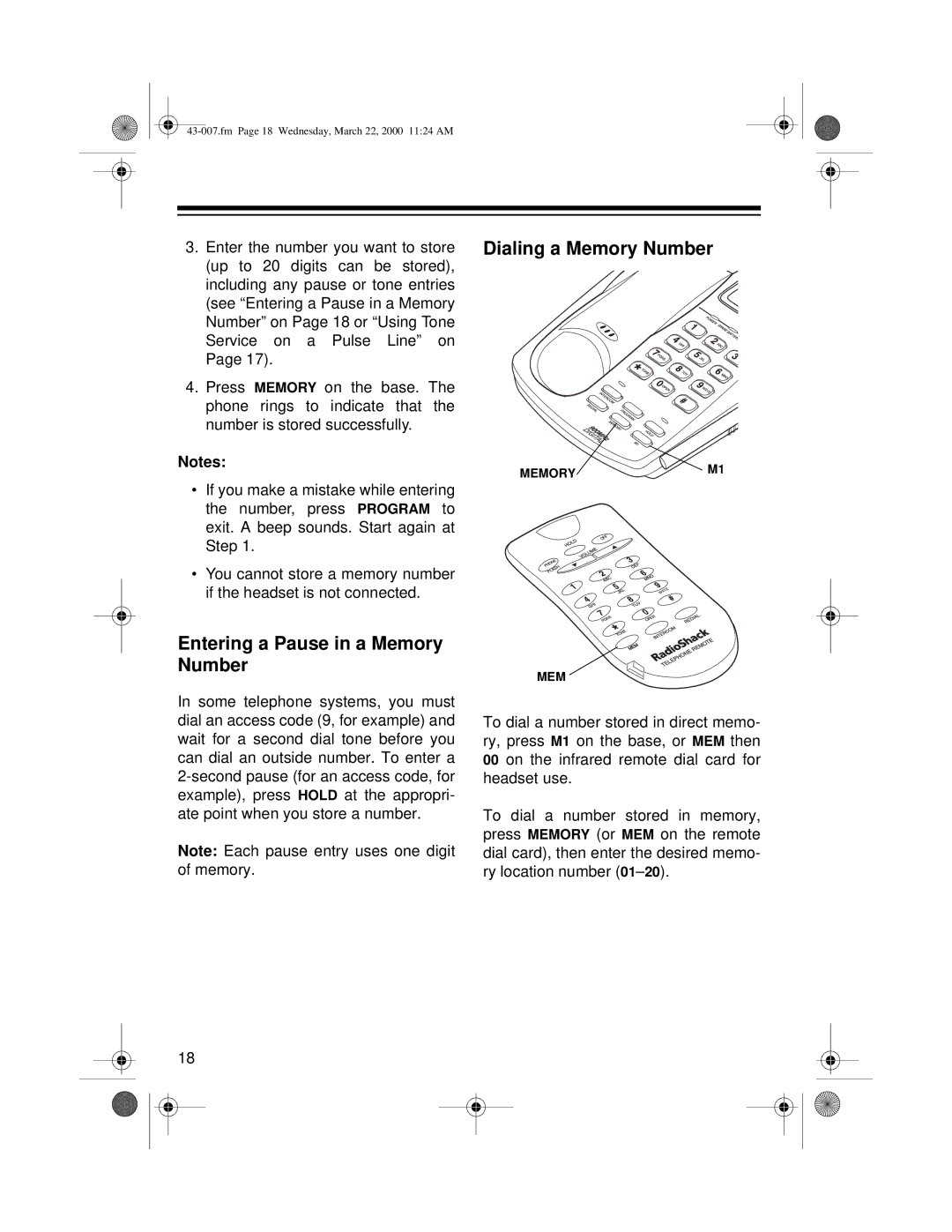 Radio Shack ET-007 owner manual Entering a Pause in a Memory Number, Dialing a Memory Number 