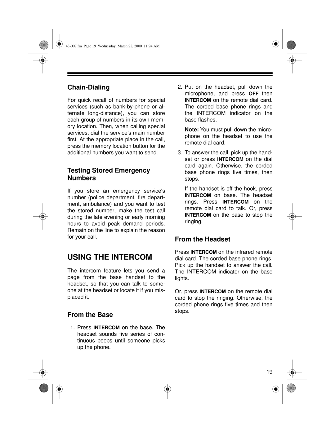 Radio Shack ET-007 Using the Intercom, Chain-Dialing, Testing Stored Emergency Numbers, From the Base, From the Headset 