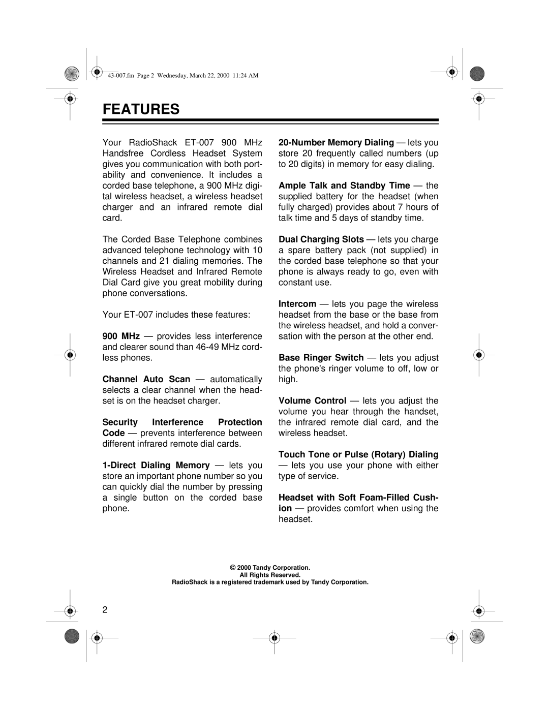 Radio Shack ET-007 owner manual Features 