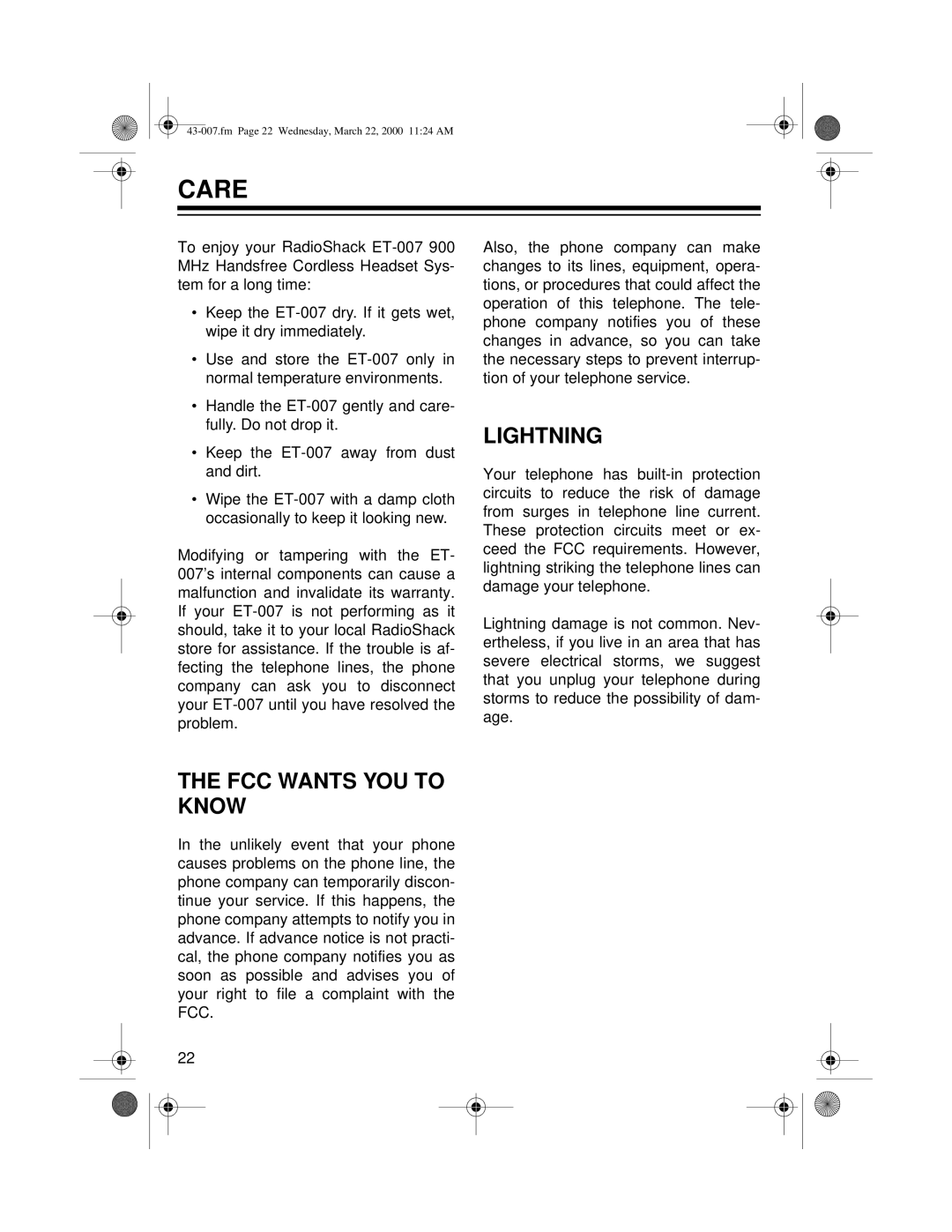 Radio Shack ET-007 owner manual Care, Lightning, FCC Wants YOU to Know 