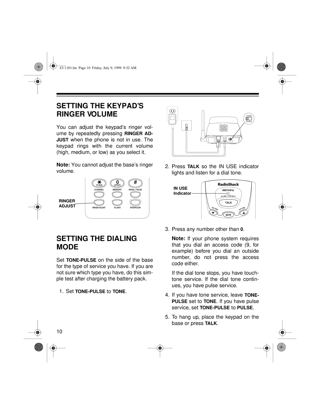 Radio Shack ET-1101 owner manual Setting the Dialing Mode, Setting the KEYPAD’S Ringer Volume 