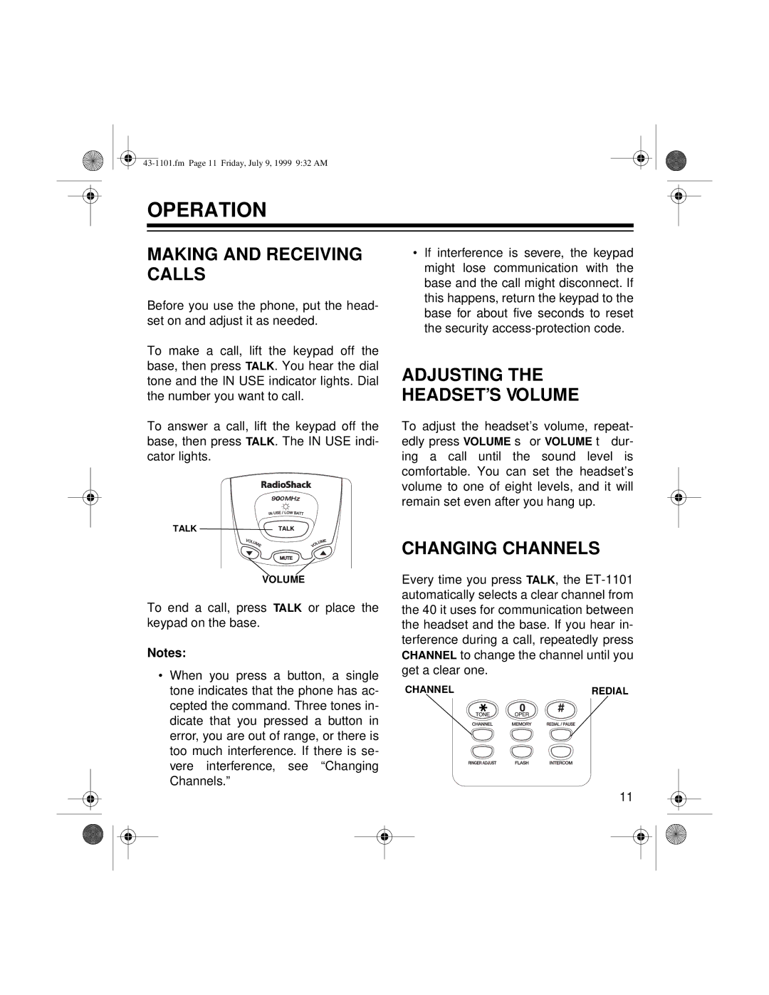 Radio Shack ET-1101 owner manual Operation, Making and Receiving Calls, Changing Channels 