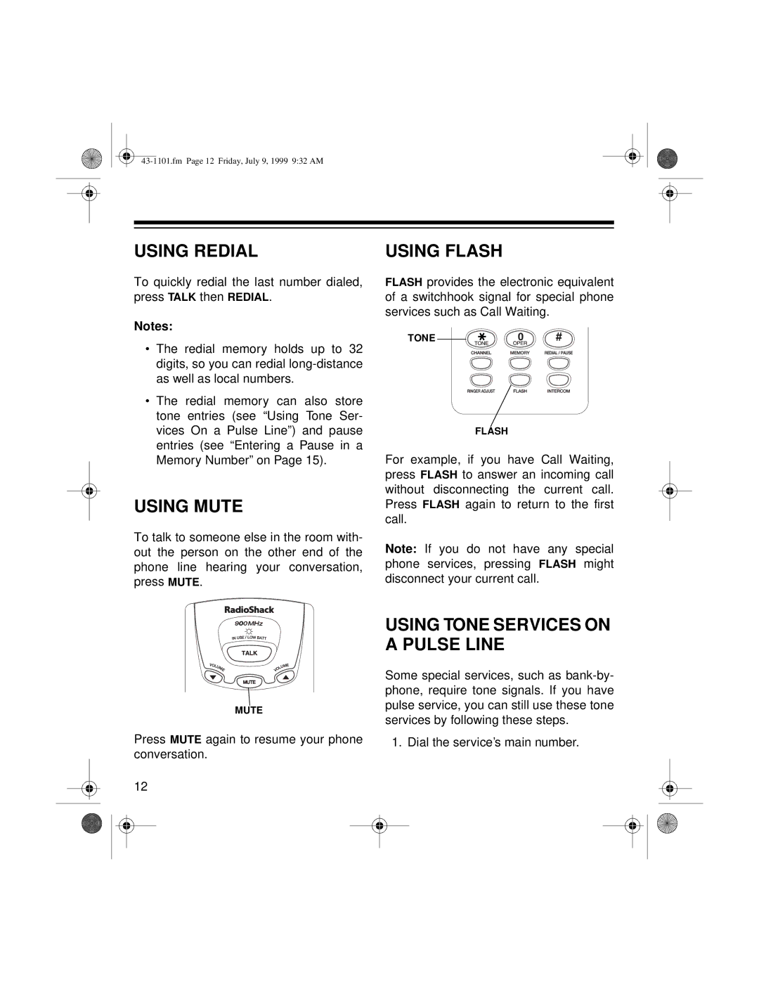 Radio Shack ET-1101 owner manual Using Redial, Using Mute, Using Flash, Using Tone Services on a Pulse Line 