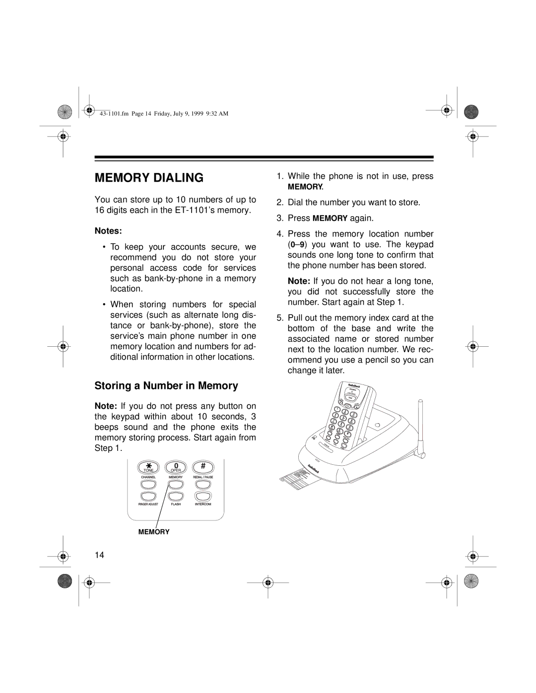 Radio Shack ET-1101 owner manual Memory Dialing, Storing a Number in Memory 