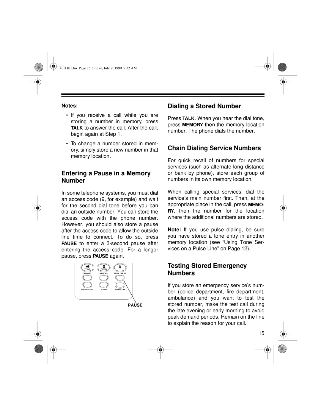 Radio Shack ET-1101 owner manual Entering a Pause in a Memory Number 