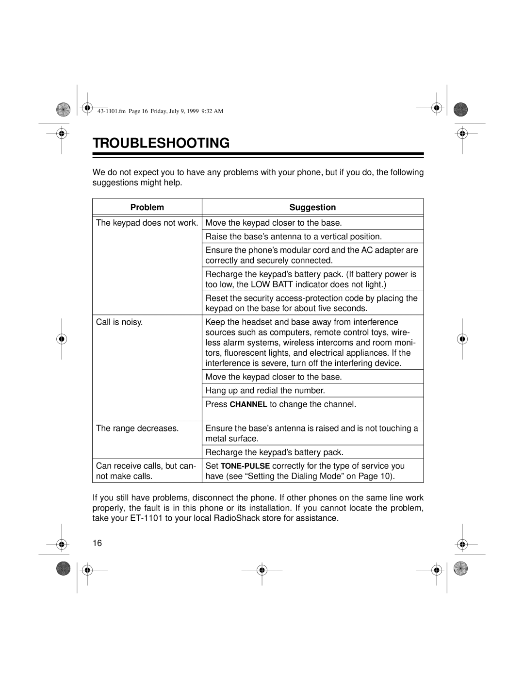 Radio Shack ET-1101 owner manual Troubleshooting, Problem Suggestion 