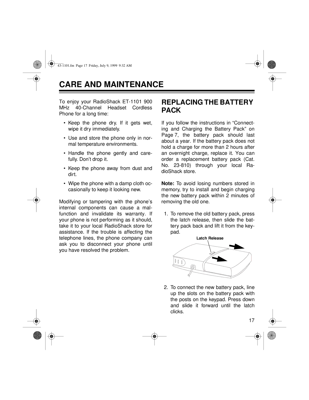 Radio Shack ET-1101 owner manual Care and Maintenance, Replacing the Battery Pack 