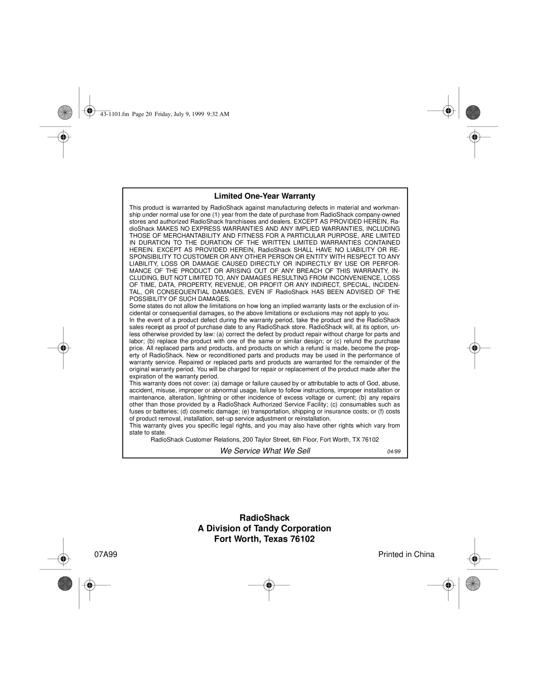 Radio Shack ET-1101 owner manual RadioShack Division of Tandy Corporation Fort Worth, Texas 