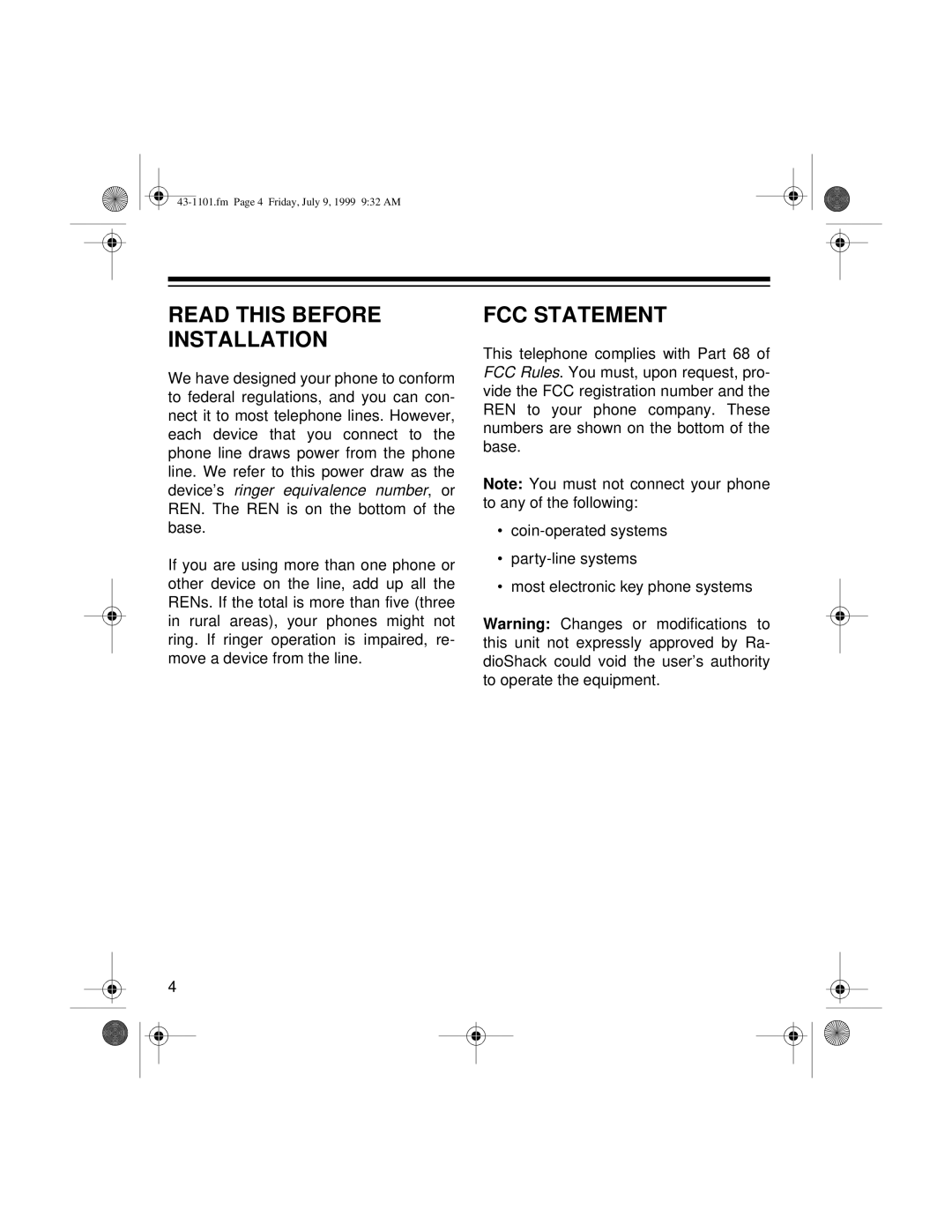 Radio Shack ET-1101 owner manual Read this Before Installation, FCC Statement 