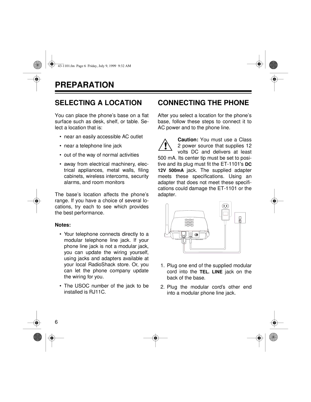 Radio Shack ET-1101 owner manual Preparation, Selecting a Location, Connecting the Phone 