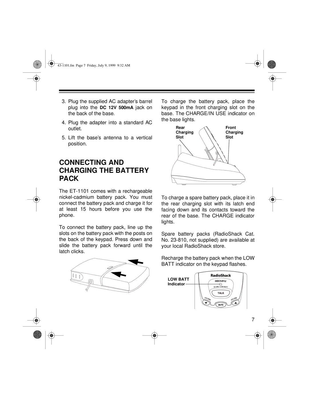 Radio Shack ET-1101 owner manual Connecting and Charging the Battery Pack 