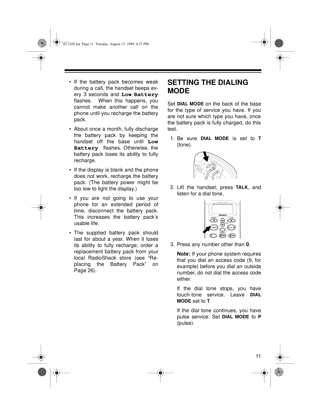 Radio Shack ET-1102 owner manual Setting the Dialing Mode 