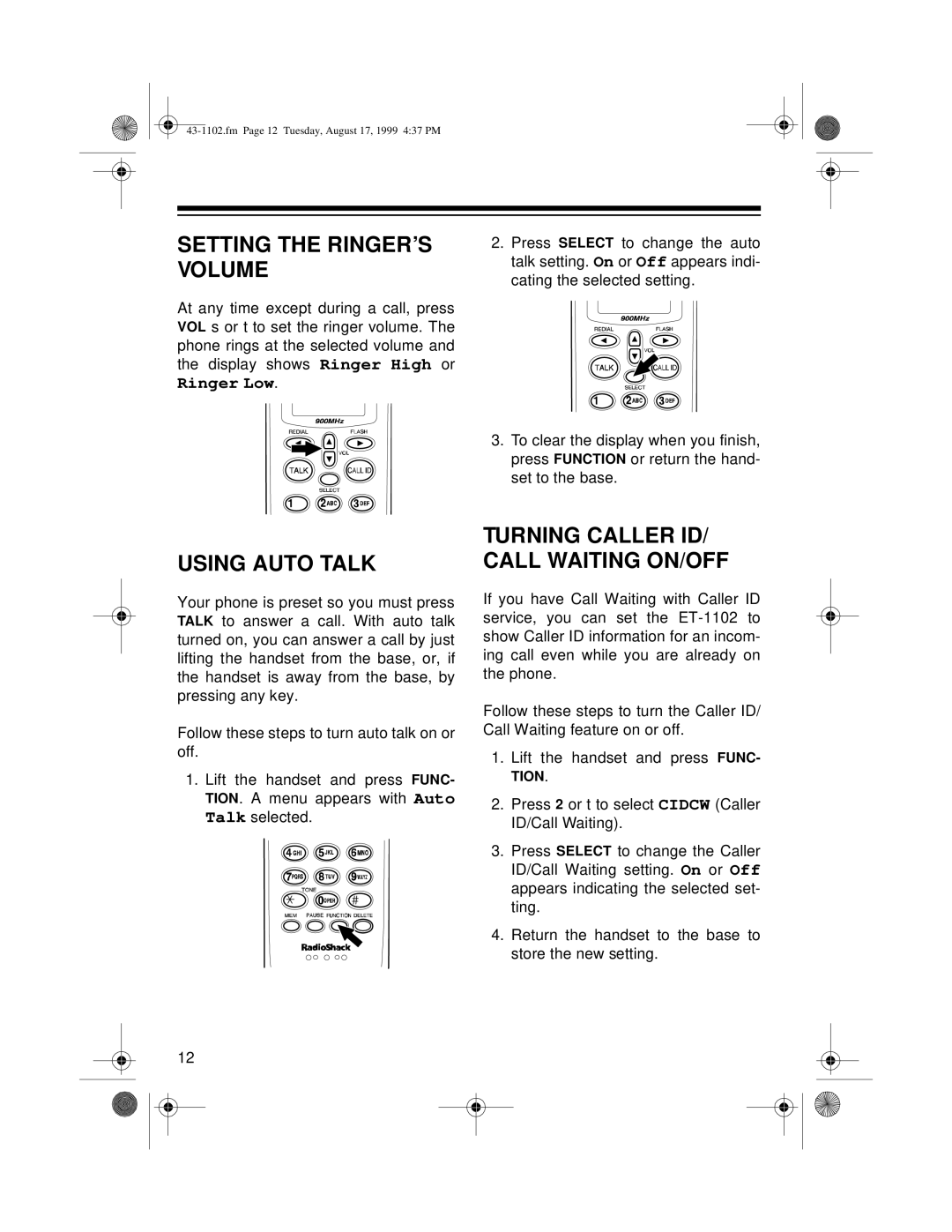 Radio Shack ET-1102 owner manual Setting the RINGER’S Volume, Using Auto Talk, Turning Caller ID/ Call Waiting ON/OFF 