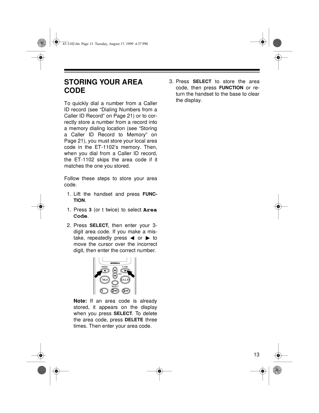 Radio Shack ET-1102 owner manual Storing Your Area Code 