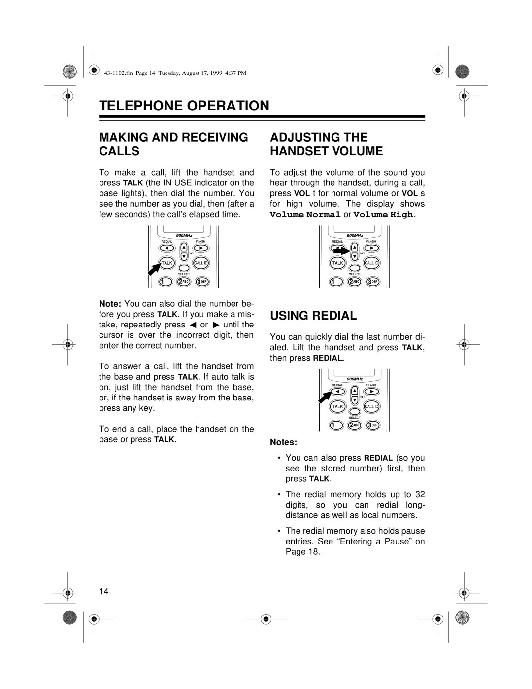 Radio Shack ET-1102 owner manual Telephone Operation, Making and Receiving Calls, Adjusting Handset Volume, Using Redial 