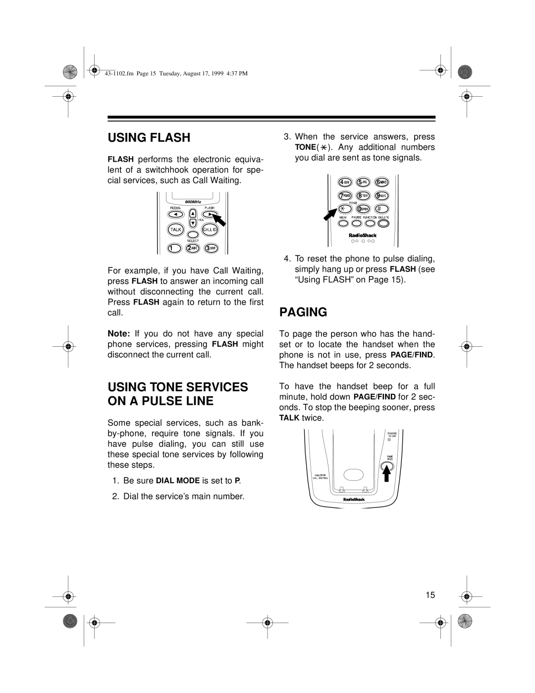 Radio Shack ET-1102 owner manual Using Flash, Paging 