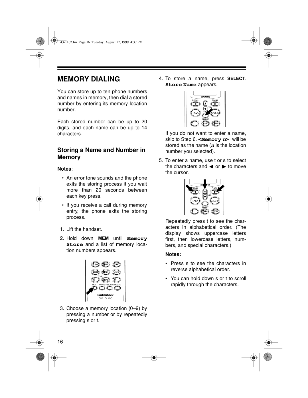 Radio Shack ET-1102 owner manual Memory Dialing, Storing a Name and Number in Memory 