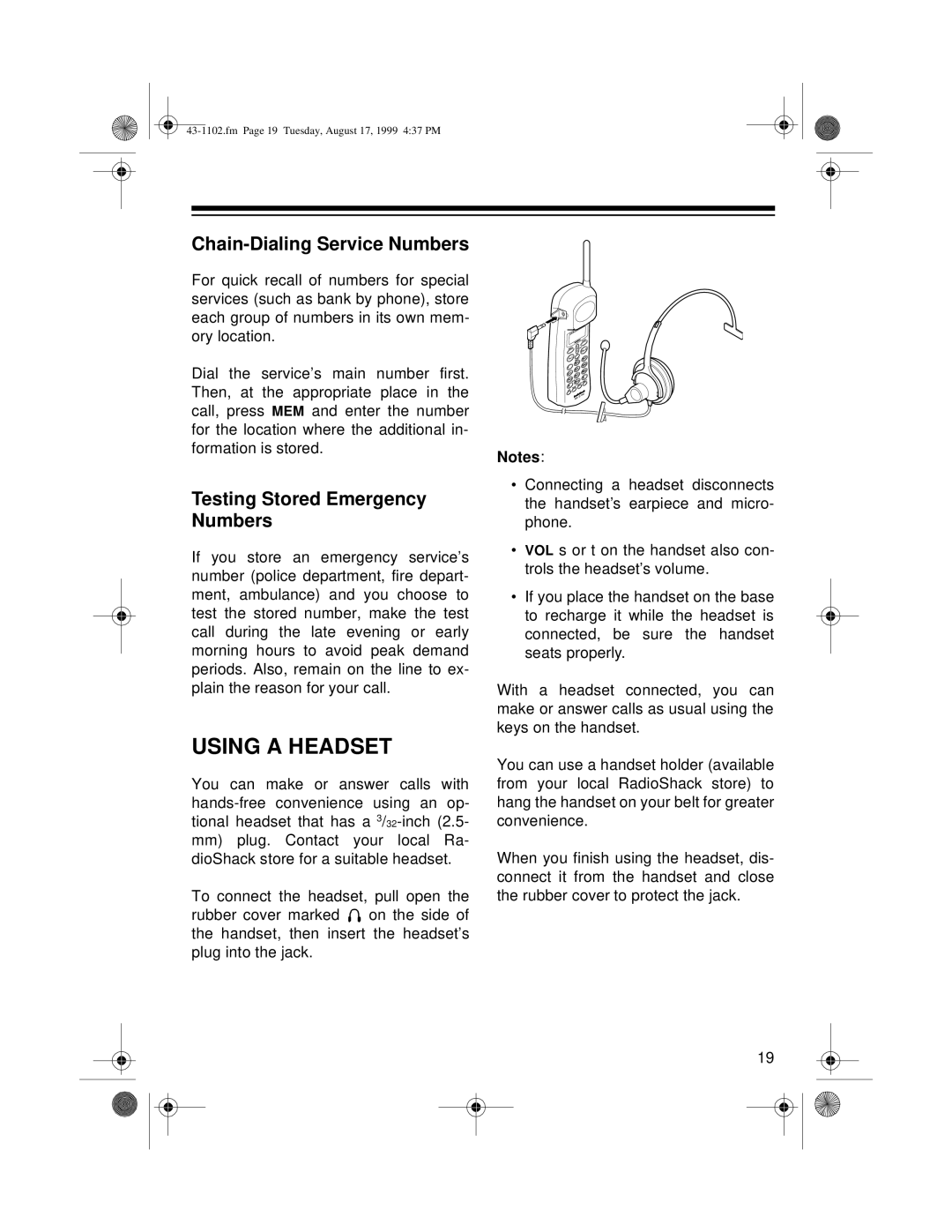 Radio Shack ET-1102 owner manual Using a Headset, Chain-Dialing Service Numbers, Testing Stored Emergency Numbers 