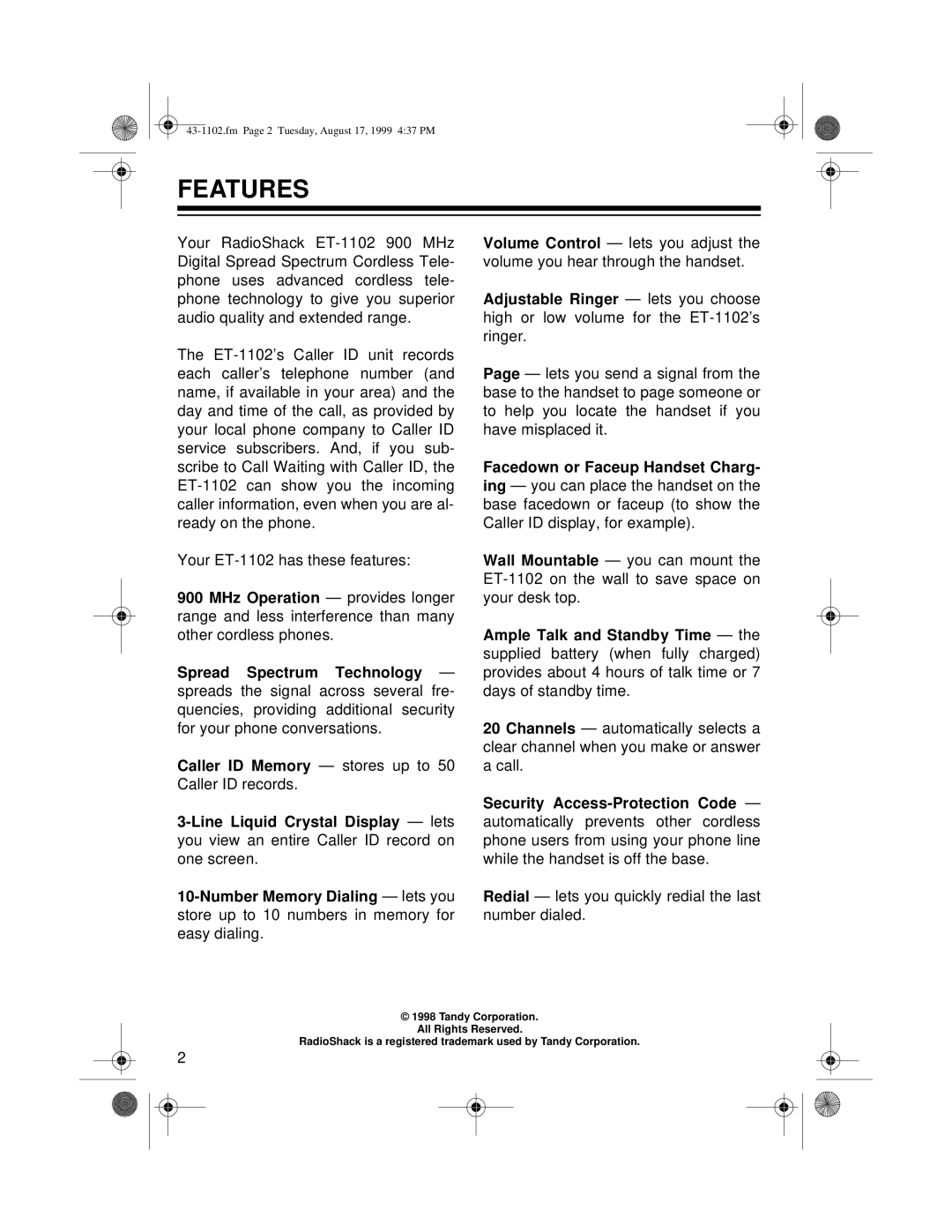 Radio Shack ET-1102 owner manual Features, Redial lets you quickly redial the last number dialed 