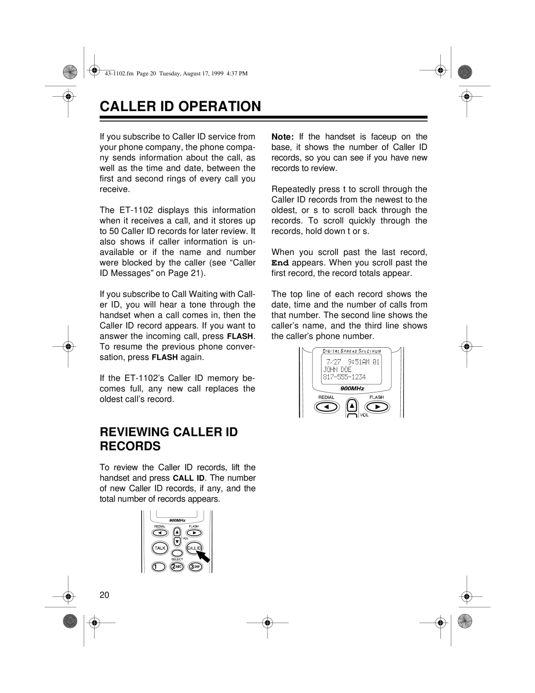 Radio Shack ET-1102 owner manual Caller ID Operation, Reviewing Caller ID Records 