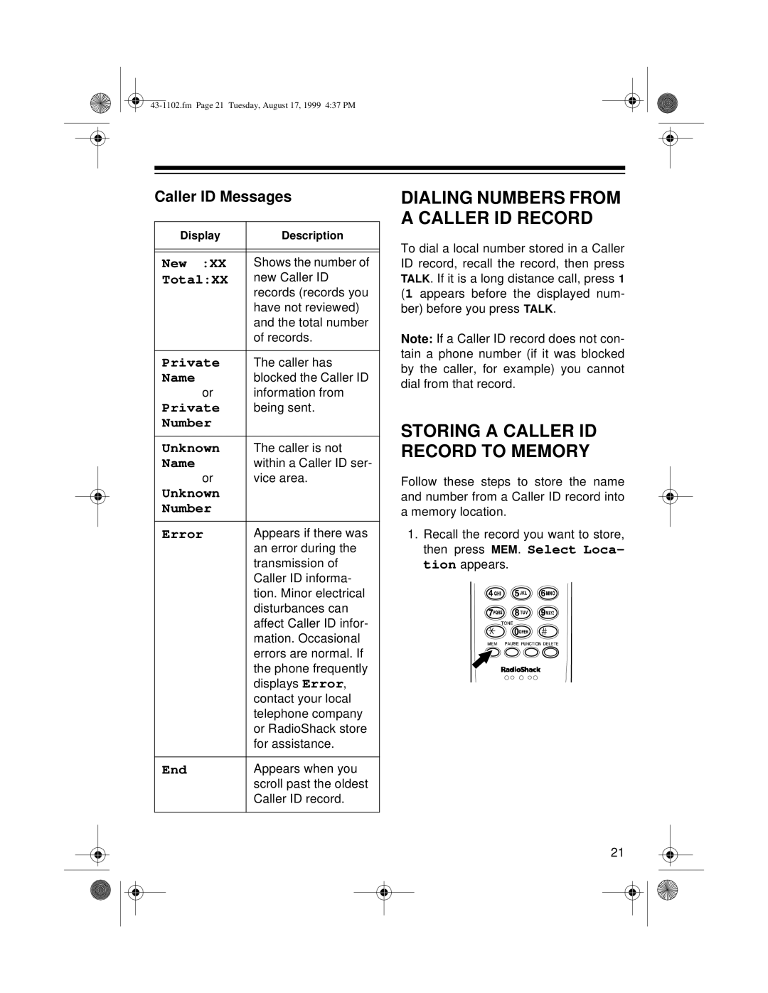 Radio Shack ET-1102 owner manual Storing a Caller ID Record to Memory, Caller ID Messages 