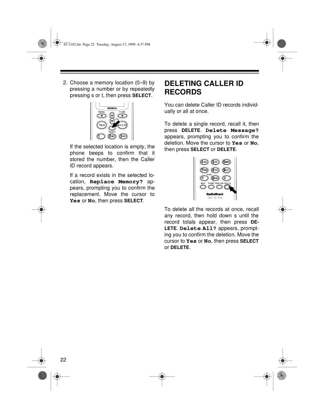 Radio Shack ET-1102 owner manual Deleting Caller ID Records 