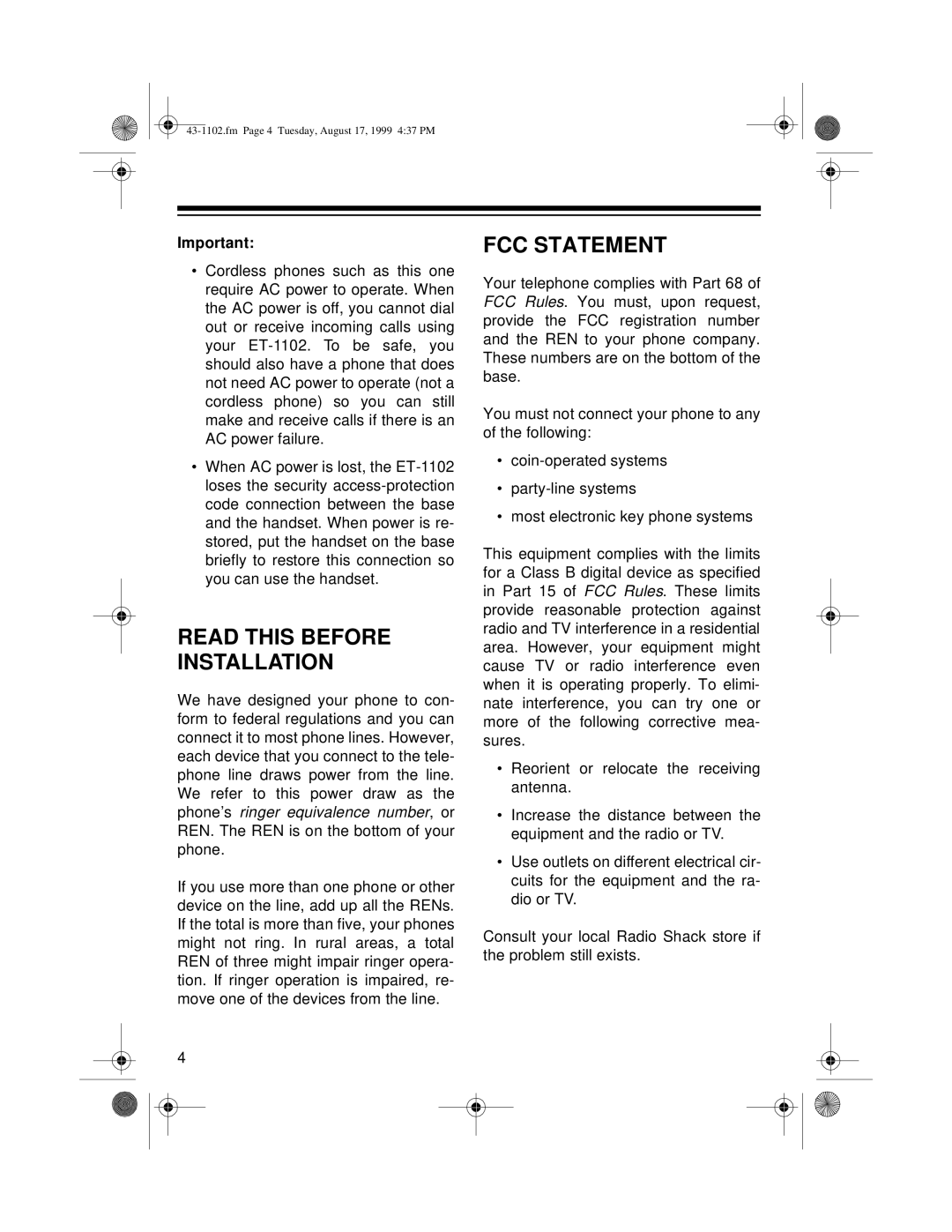 Radio Shack ET-1102 owner manual Read this Before Installation, FCC Statement 