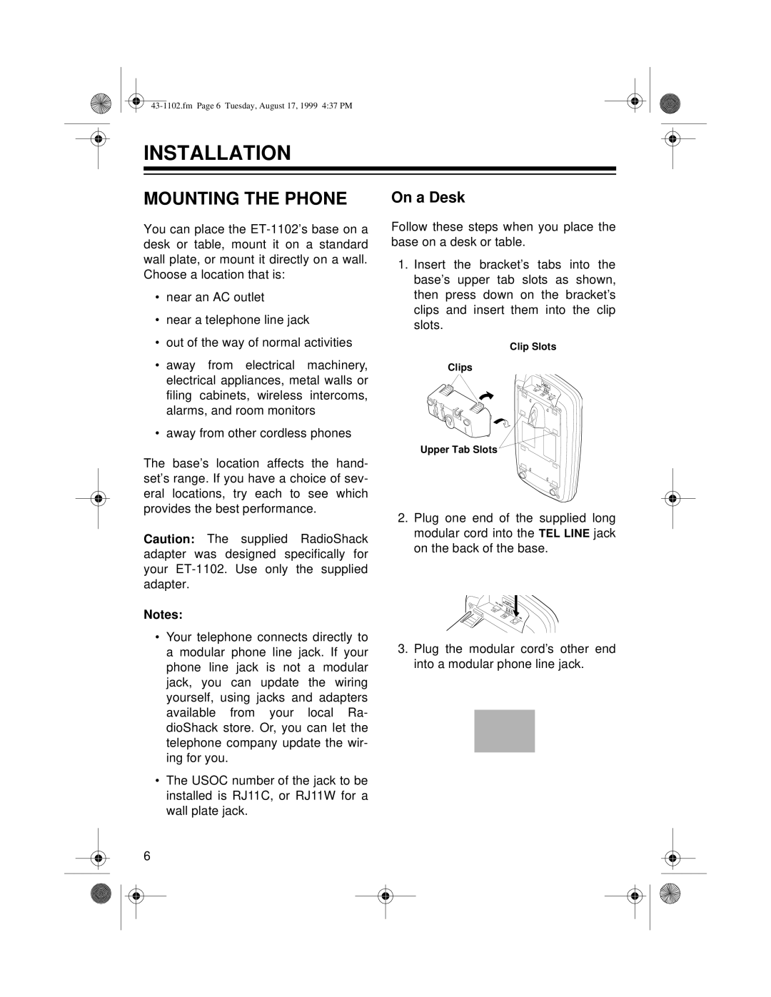 Radio Shack ET-1102 owner manual Installation, Mounting the Phone, On a Desk 